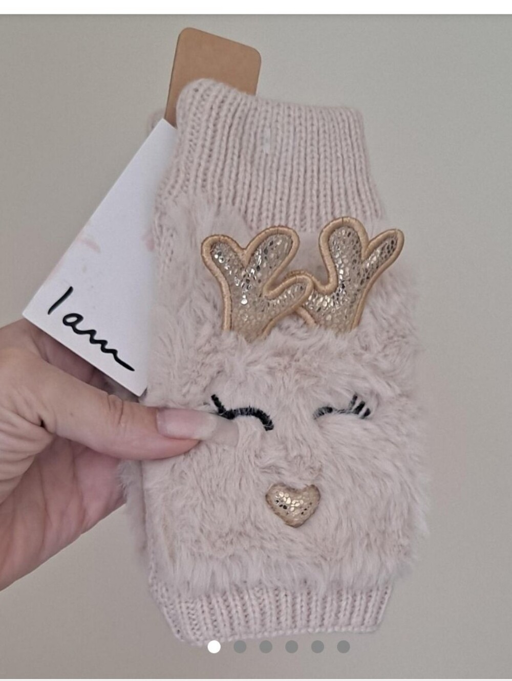 I AM Beige faux fur knit Fingerless Gloves Reindeer Mittens Holiday BRAND NEW